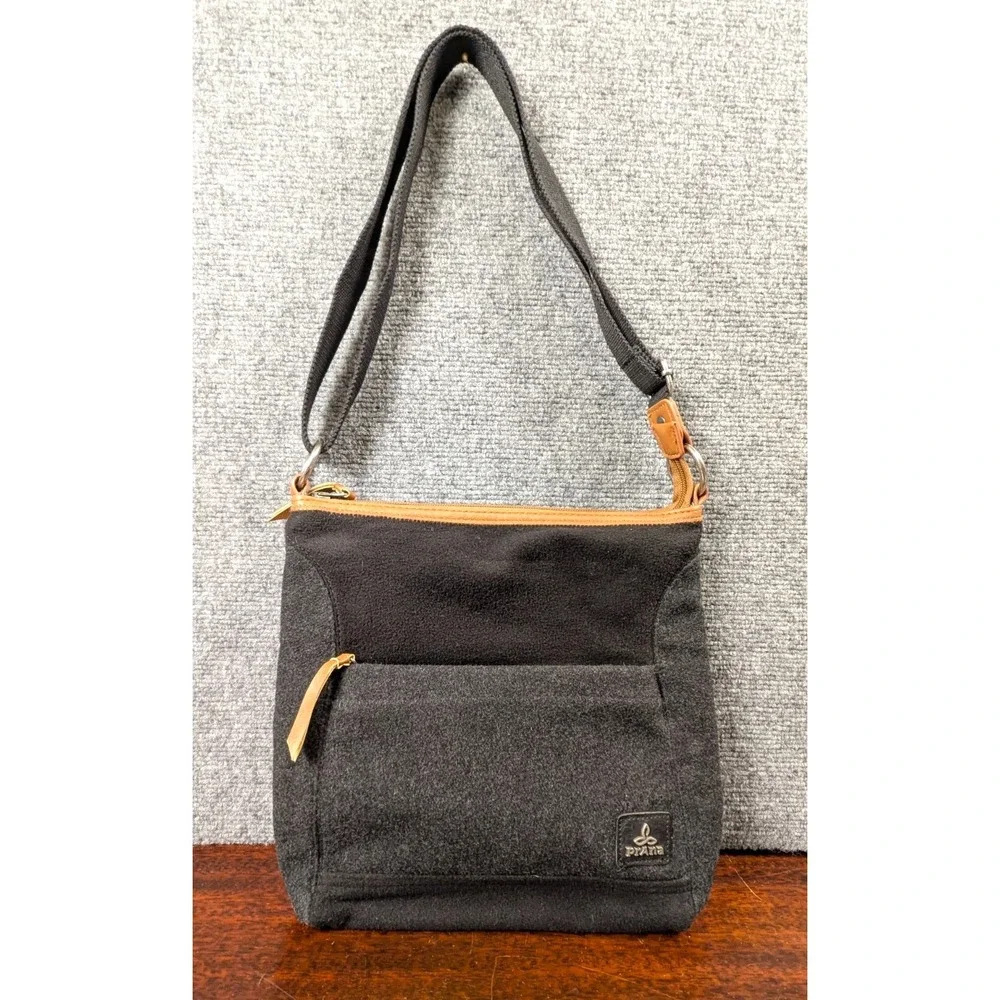 PrAna Wool Blend Crossbody Bag Black Brown Trim Outdoor Travel Purse - Picture 2 of 12